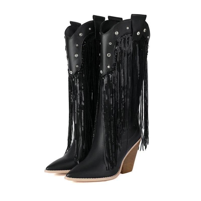 Fashion Ivory Rose Color Pointed Toe Western Cowboy Boots with Sequins Fringes Chunky High Heels Knee-high Glitter Mid-calf Boot Shoes