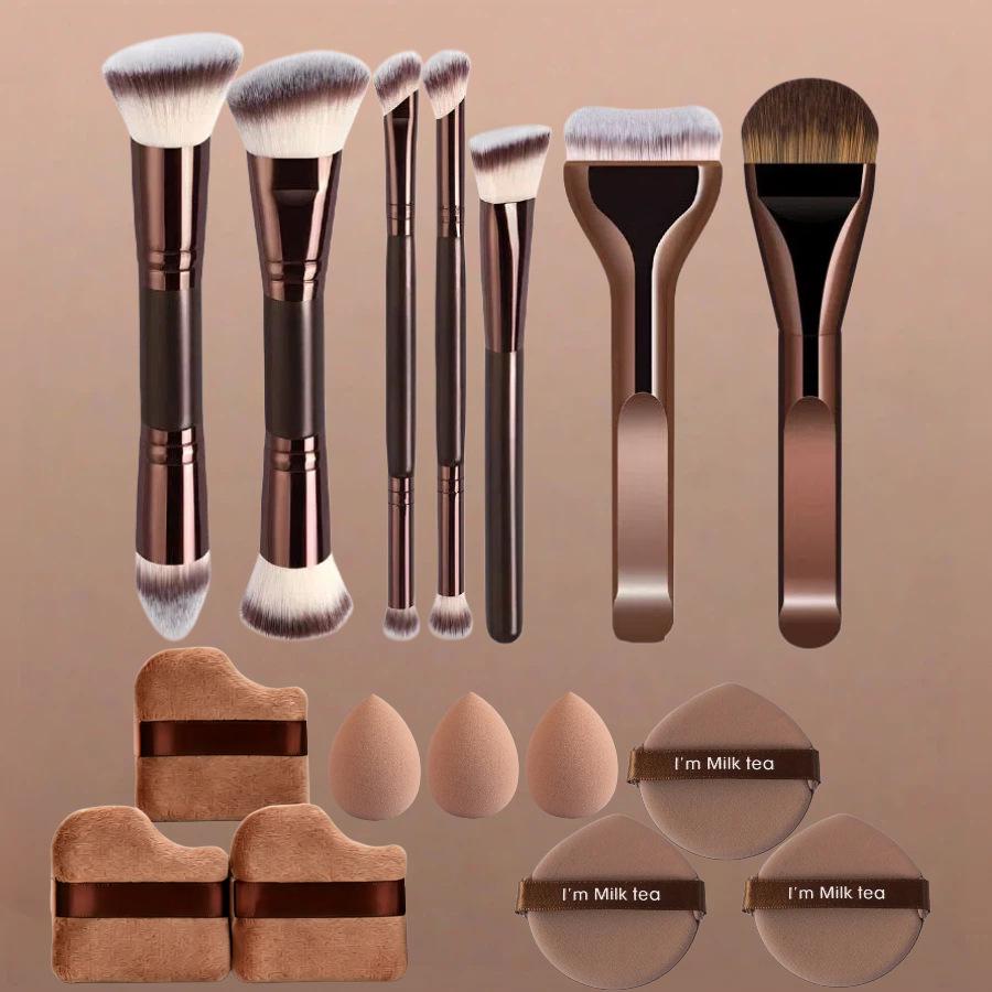 Dual-Head Makeup Brush Set: Foundation, Blush, Loose Powder Brushes In Coffee Color.