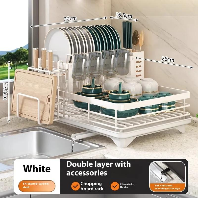 2-Tier Dish Drying Rack With Drainer Anti-Rust Kitchen Counter Tableware Drainboard Storage Organizer Supplies For Dishes