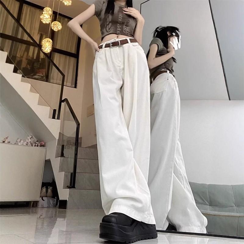 Womens White High-Waisted Wide-Leg Straight Cut Denim Pants Loose Fit Casual Trousers Collection