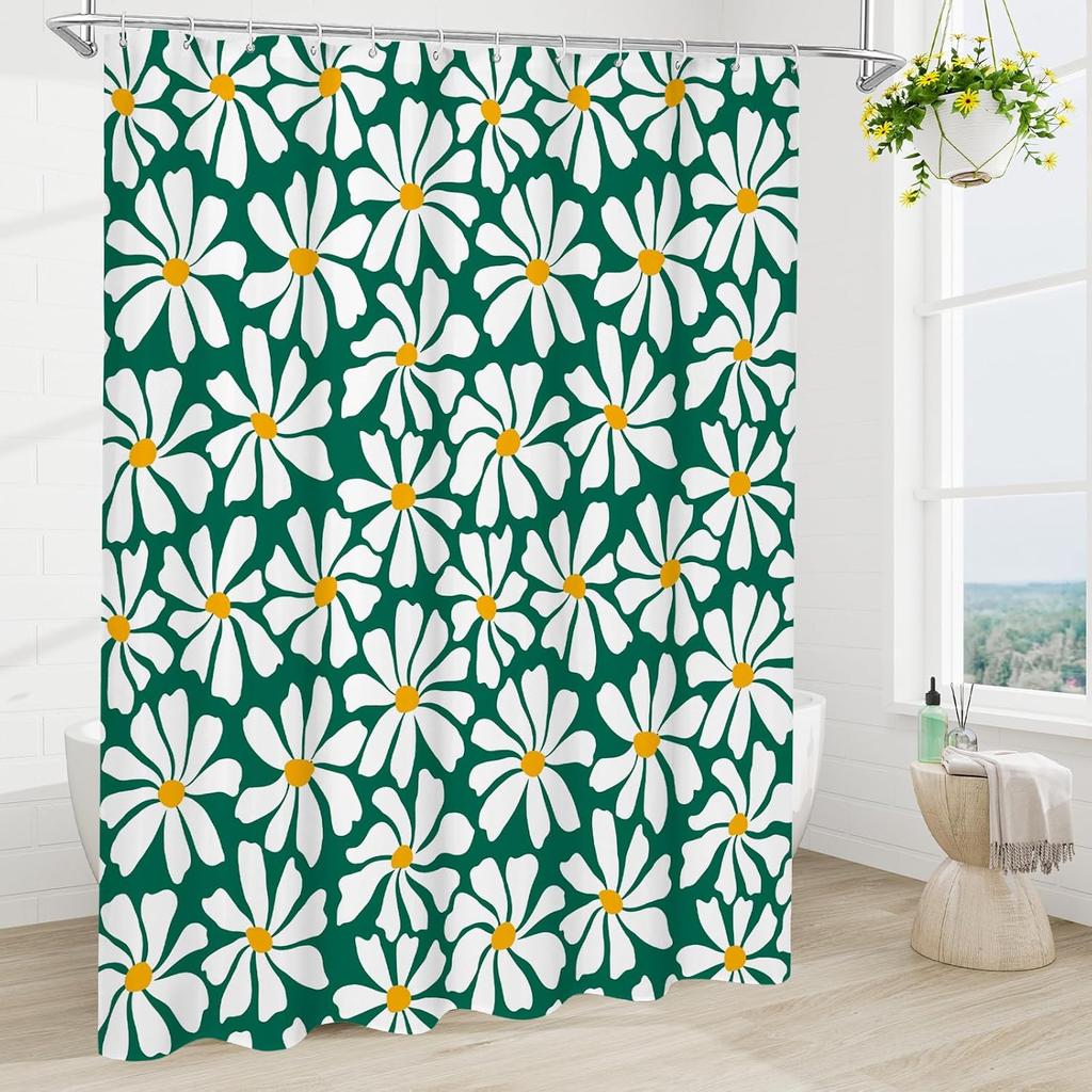 Green Daisy Floral Shower Curtain, Boho Spring Flower Shower Curtain for Girly Bathroom, Modern Minimalist White Waterproof