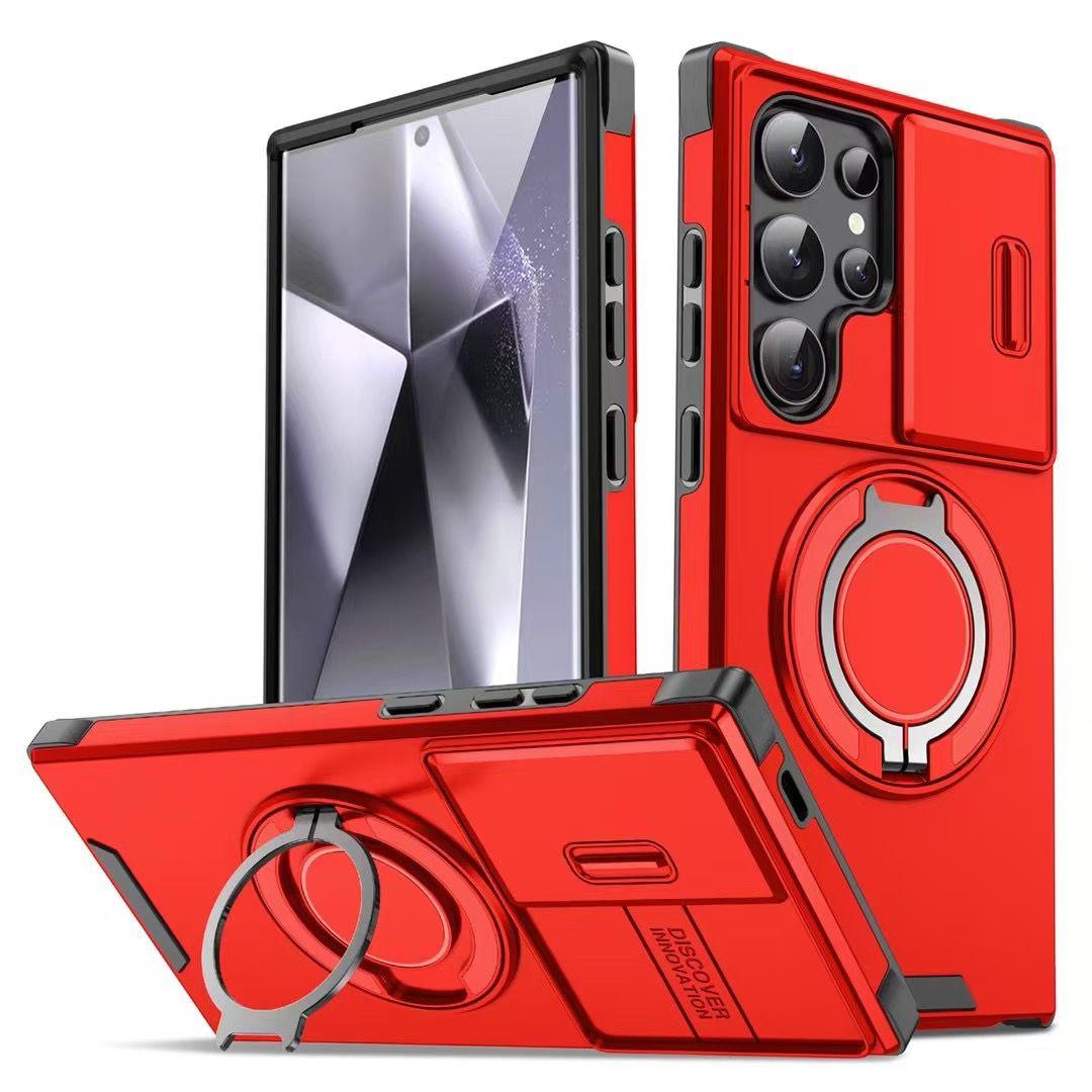 

Чохол для телефону Armor Ring Holder для Samsung S25 Ultra-Hard Shell, протиударна лінза, розсувне вікно, автомобільна магнітна кришка для Samsung S25/S24/S23/S22/Ultra/Plus Samsung S25ultra червоний