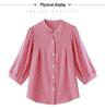 Women's Fashionable Red Plaid Stand-Up Collar Blouse - Seven-Sleeve Loose Fit for Summer 2025