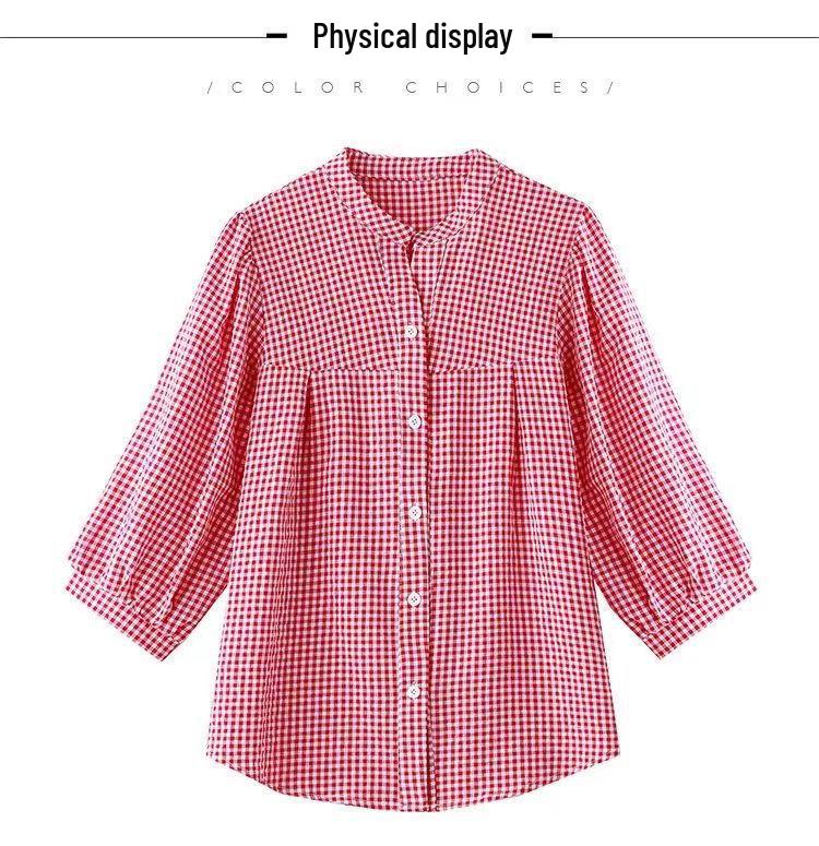 Women's Fashionable Red Plaid Stand-Up Collar Blouse - Seven-Sleeve Loose Fit for Summer 2025