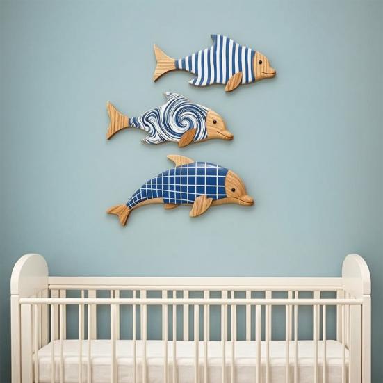 3Pcs/Set Geometric Wooden Dolphin Wall Decoration, Striped Wavy Plaid Fish Wall Art, Nautical Wall Hanging Ornament for Beach House, Bathroom