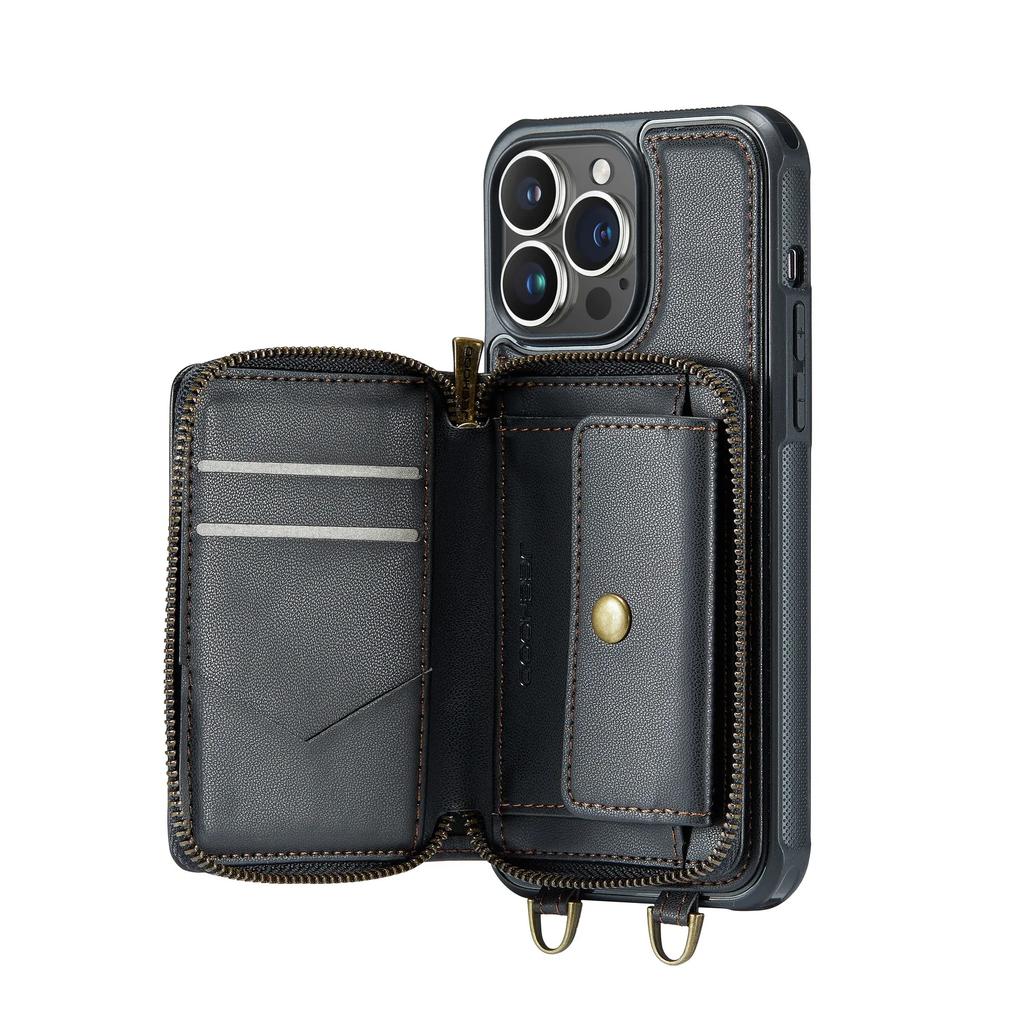 Zipper Leather Wallet Phone Case For iPhone 16 Pro Max 14Plus 14 15 13 12 11 Cards Holder Solt Stand Hand Strap Back Cover Coque