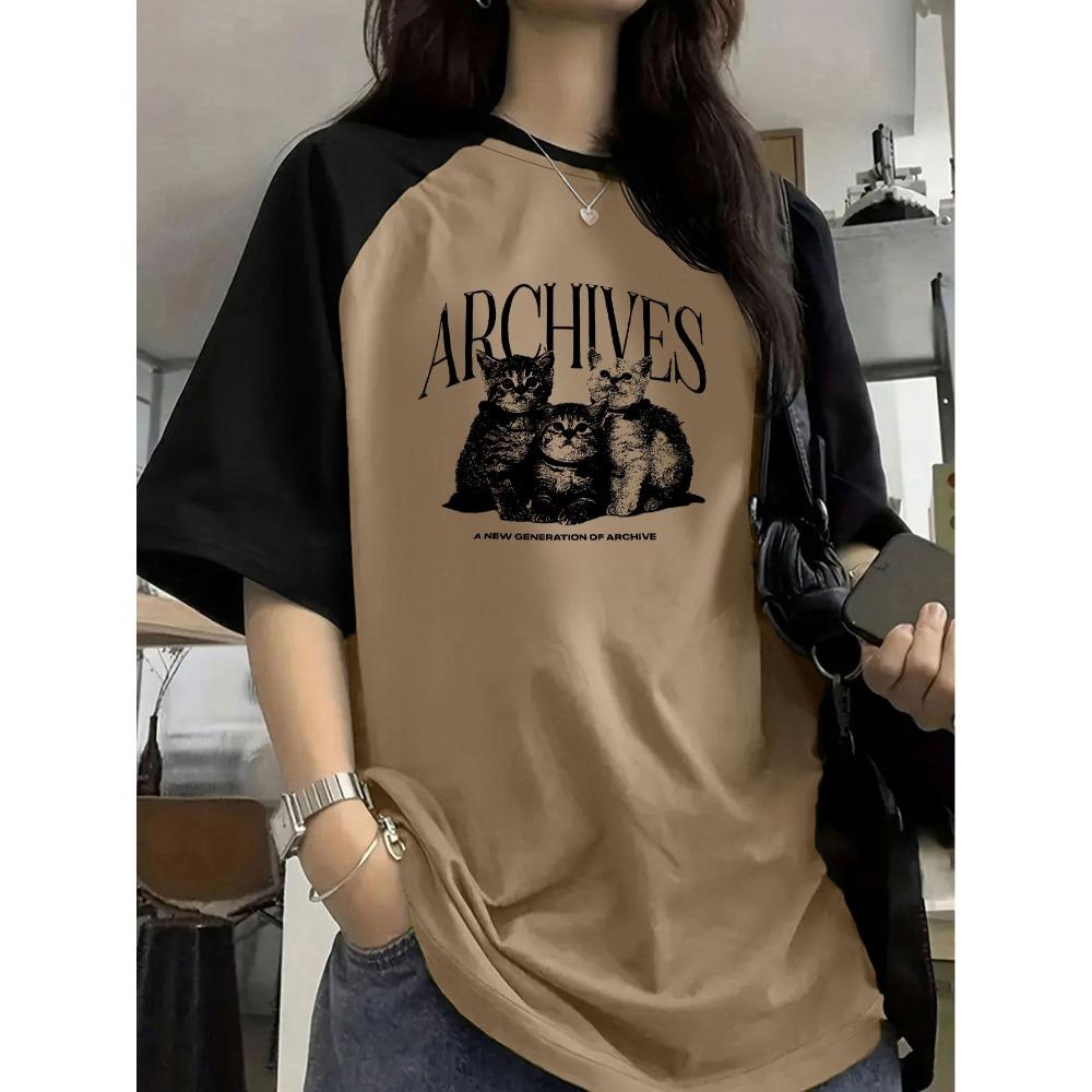 

Women s Color-block Raglan Sleeve Cat Print Pullover Short-Sleeve T-Shirt for Summer XL