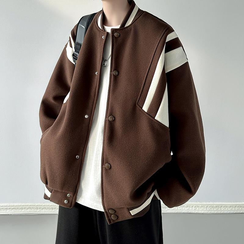 Men's Retro Wool Color Block Baseball Jacket - Trendy, High-End, Versatile Coat for Spring and Autumn.