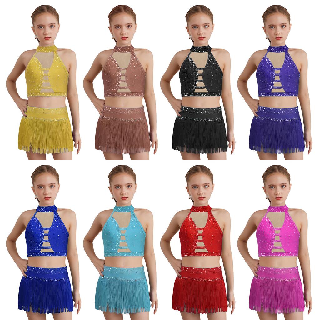 Girls Halter Sleeveless Crisscross Back Rhinestones Crop Top Tassel Briefs Skirt Latin Dance Set