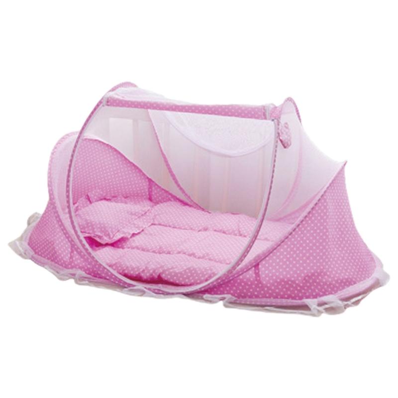 Breathable Fly Proof Baby Bed Net Foldable Compact with 3cm Sleeping Pad and Cotton Pillow for Newborns Safety