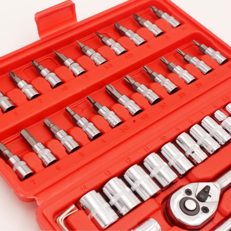 46Pcs 1/4-Inch Drive Ratchet Wrench Metric Socket Wrench Set Portable Auto Mechanical Repair Tools Motorcycle Accessories