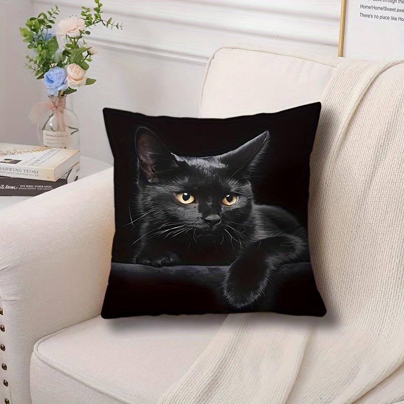 1Pc Black Cat Staring Cute Themed Printed Throw Pillow Cover, Suitable For Sofa, Bedroom, Living Room, Cool Gift For Cat Lovers.