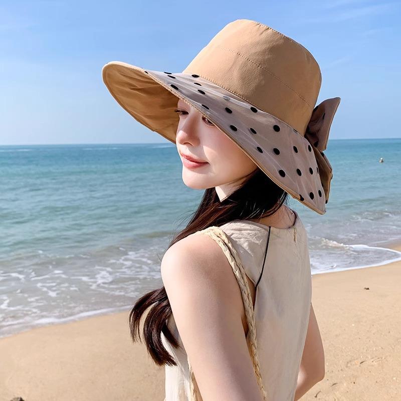 Women's Spring and Summer Elegant and Versatile Large Brimmed Sun Hat Korean Version Polka Dot Bow Fisherman Hat Foldable Outing Basin Hat