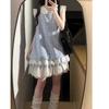 Sweet little fly sleeves blue dress women's summer milk sweet sister cute short skirt lace splicing Japanese cake skirt