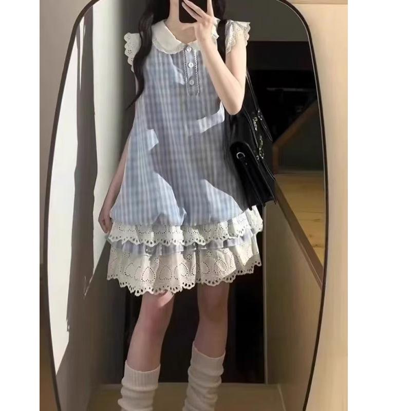 Sweet little fly sleeves blue dress women's summer milk sweet sister cute short skirt lace splicing Japanese cake skirt