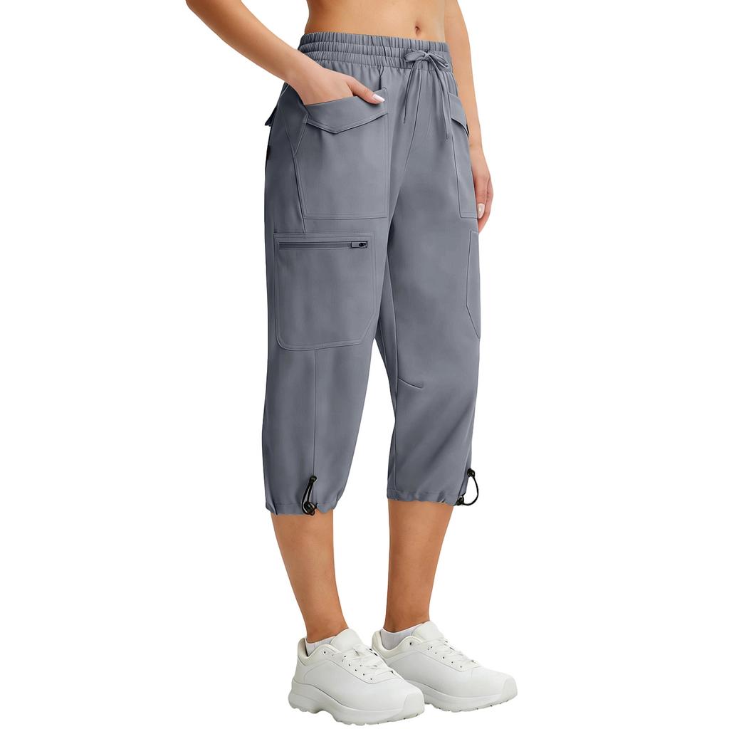 Damen Elastische Hohe Taille 3/4 Hose Lässige Passform Weite Capri-Hosen mit Taschen