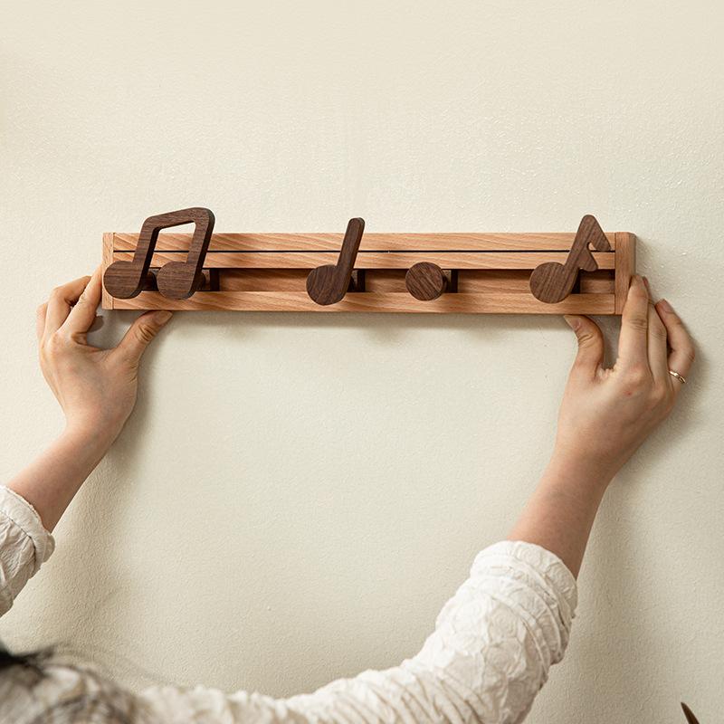Musical Note Wall Hook, Solid Wood Entryway Coat Rack with Key Holder, Space-Saving Door Hanger for Hats,Bags and Home Decor
