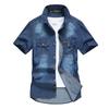 Herren Hemden mit Taschen Denim Hemden Sommer Kurzarm Blaue Jeanshemden Freizeithemden