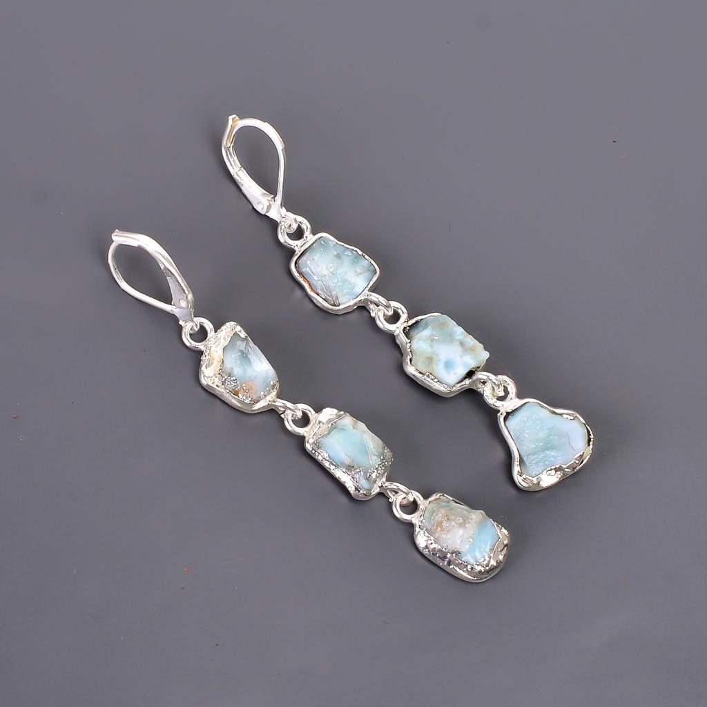 Larimar Stone Silver Plated Anniversary Electroformed Dangle Wife Gift Earrings V-101
