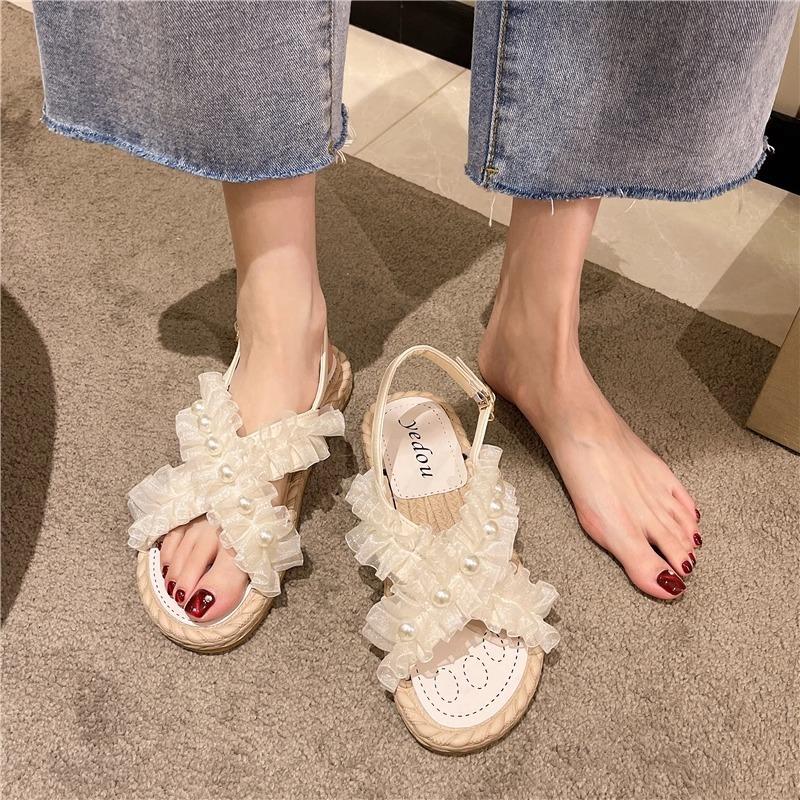 Fashion Roman Flat Sandals Summer Outside Wear Shoes for Women Leisure Lace Soft Bottom Beach Sandales Black Beige Sandalias Femininos
