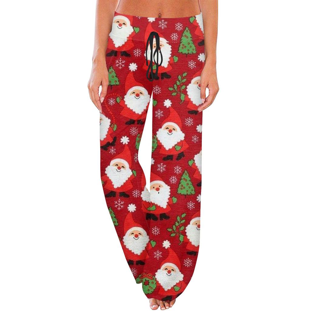 Bequeme Pyjamahose für Damen mit weihnachtlichem Aufdruck und weitem Bein und Kordelzug