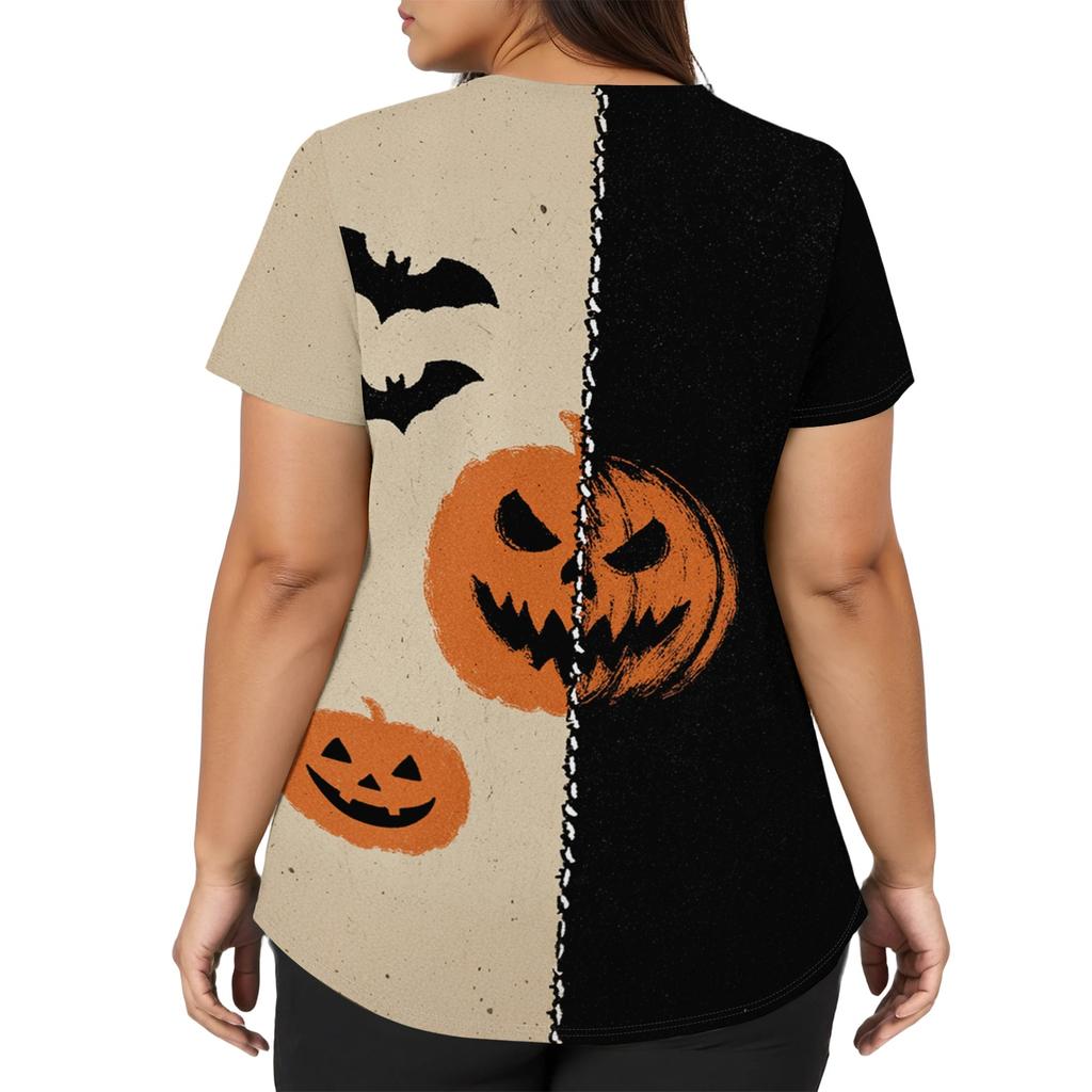 Womens V Neck Short Sleeve Work Top Halloween Print Side Slit Tunic Shirt with Pockets Casual Loose Fit Blouse for Daily Wear