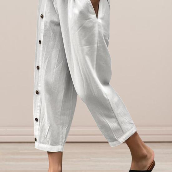 

Женские девятые брюки, однотонные пуговицы с декором, мягкие повседневные карманы, женские брюки со средней талией и эластичной резинкой на талии