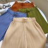 Women Shorts Elastic High Waist Ribbed Design Solid Color Casual Loose Fit Shorts Summer Wide Leg Shorts
