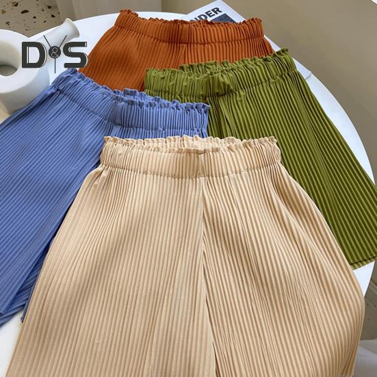 Women Shorts Elastic High Waist Ribbed Design Solid Color Casual Loose Fit Shorts Summer Wide Leg Shorts