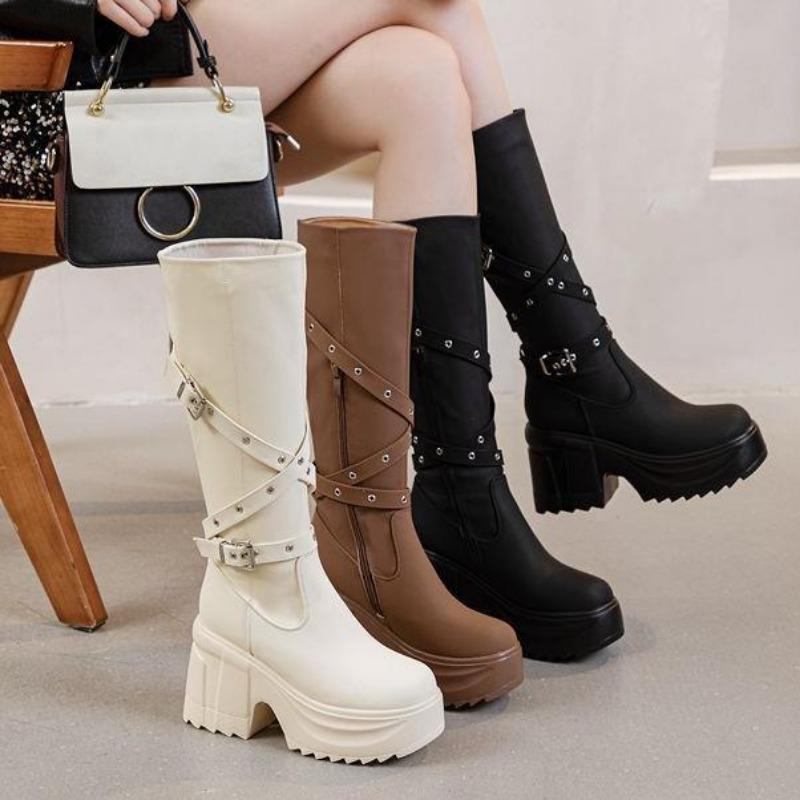 Mode 10CM Mikrofaser Synthetikleder Kniehoch Herbst Motorradstiefel Plateau Keil Damen Schnalle Punk Style Stiefel Frühjahr Schuhe