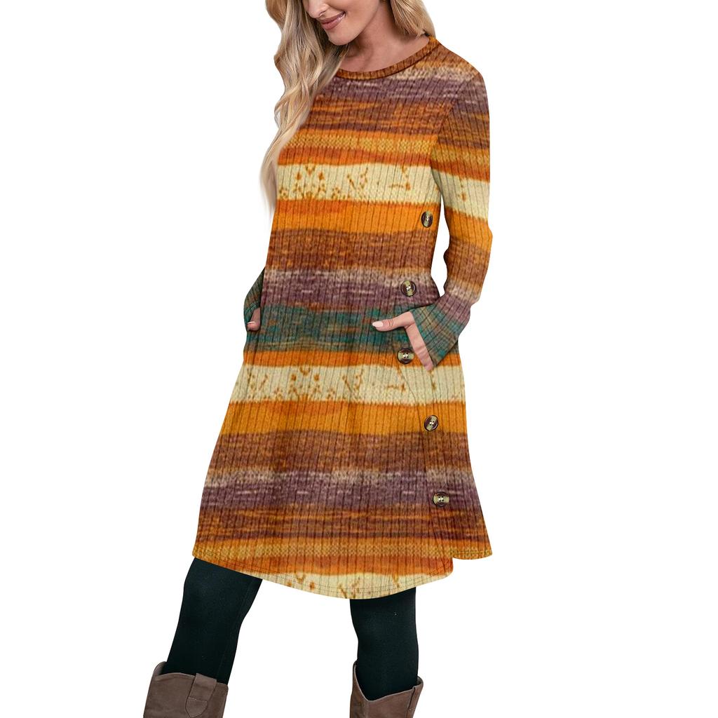 Women's Fashion Casual Long SleeveTunic Dress With Pockets Side Button Dress