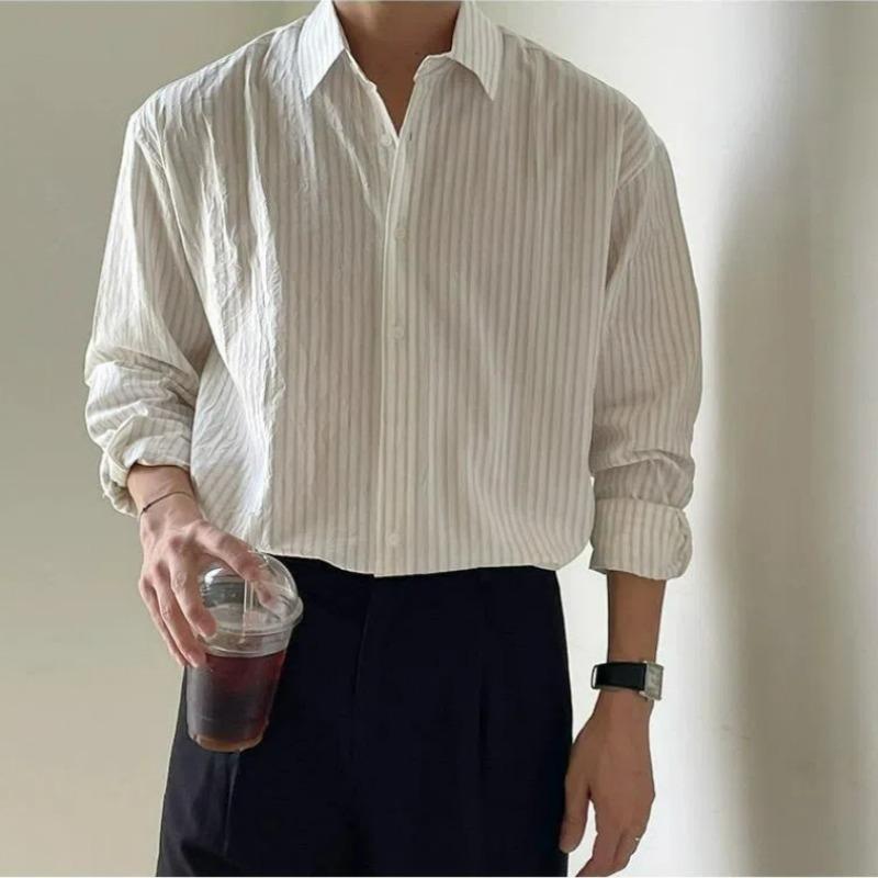 Heren Vintage Mode Japanse Stijl Gestreept Business Casual Overhemd Lente Zomer Revers Lange Mouw Losse Tops Camisas De Hombre