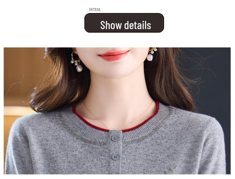 Stylish Women's Rhinestone Wool Round Neck Knit Sweater - Long Sleeve, Warm, Loose Fit for Autumn/Winter