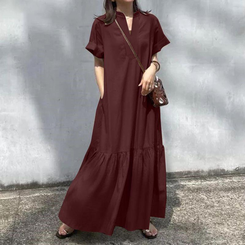 Spring/Summer 2025 Fresh Sweet V-Neck Loose Short Sleeve Fishtail A-Line Dress