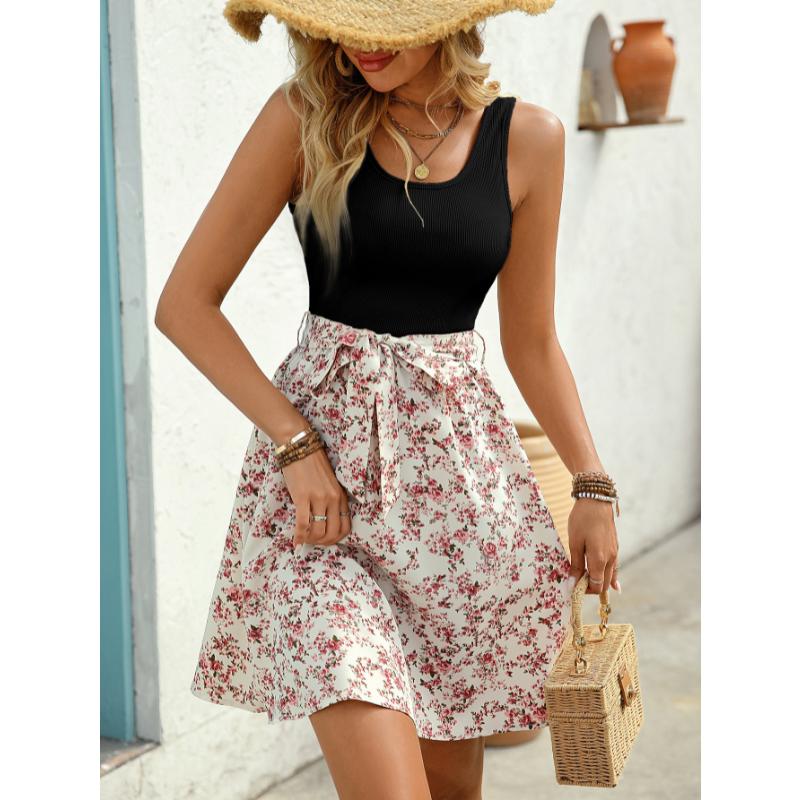 Women s Spring Summer Elegant Casual Color Block Sleeveless Tie Waist Slim Fit Floral Print A-Line Mini Dress S чёрный