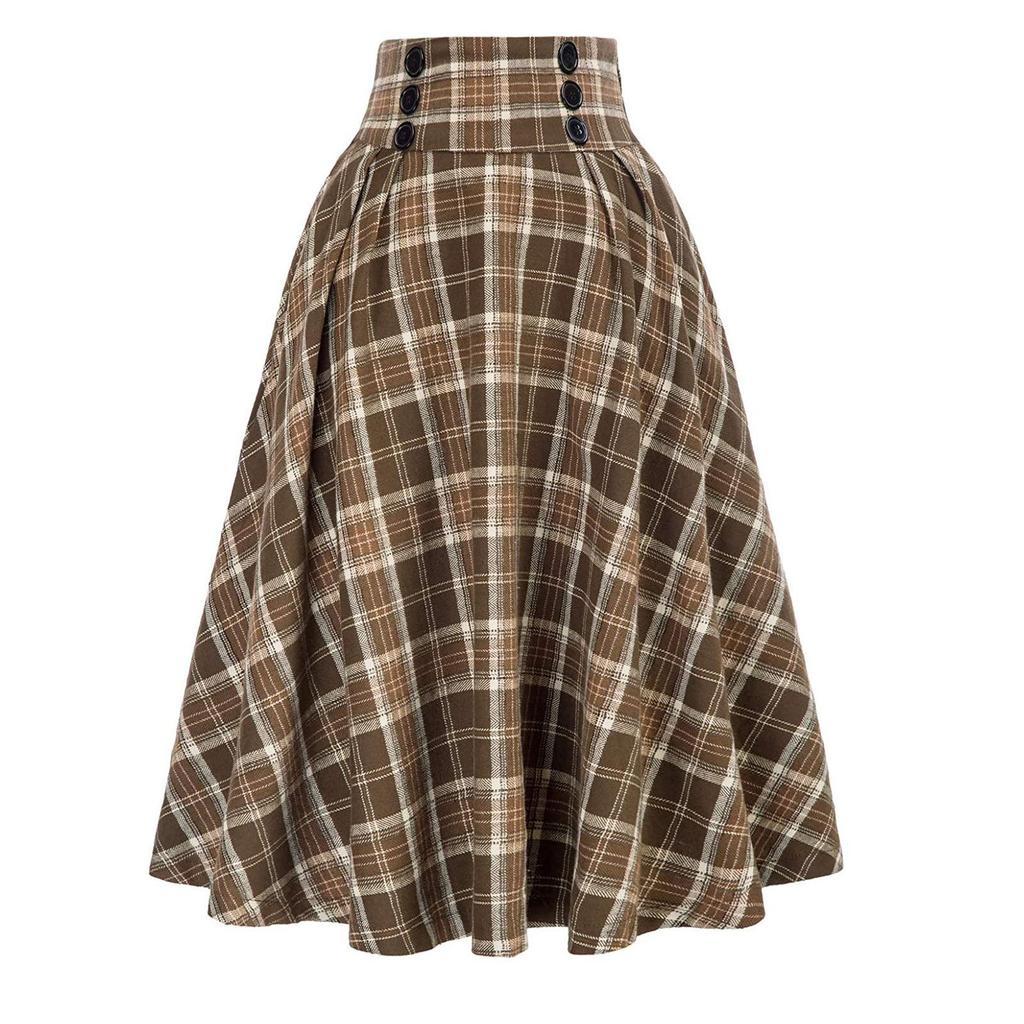 Vintage Damen Karorock Mode Lässig Taschen Vintage Hohe Taille Kariert Plissee Rock Frühling Herbst Damen Midiröcke