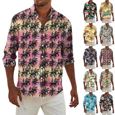 Men's Fashion Long Sleeve Printed Casual T Shirt Button Regular Fit Shirt Top