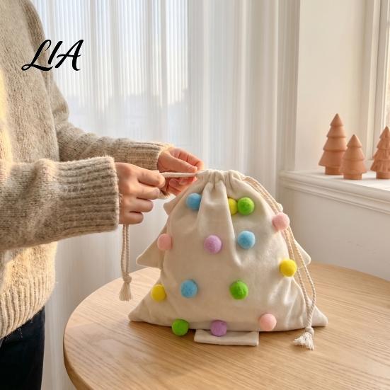 Reusable Xmas Tree Decorations Christmas Drawstring Gift Bag, Plush Pom Bell Hanging Velvet Bags for Candy Ornament, Pouch Decor Holiday Door