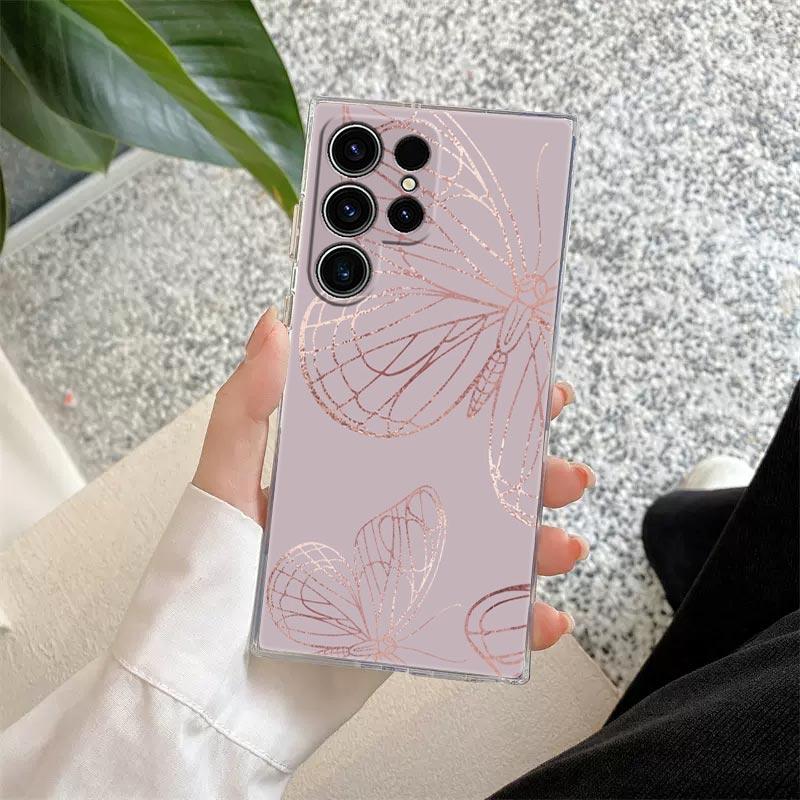 S25FE Case For Samsung Galaxy S26 S25 S24 S23 Ultra S20 S21 FE S22 Plus S26Ultra Phone Cover Pink Glitter Hearts Love Grass Leaf