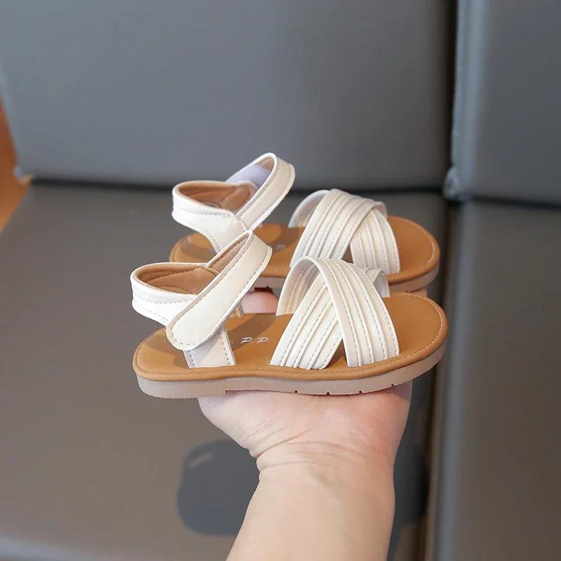 

Summer Kids Open-toe Sandals for Girls Anti-slippery Sole Toddler Beach Shoes Retro Striped Boho Girls Garden Shoes Daily Wear 21 бежевый