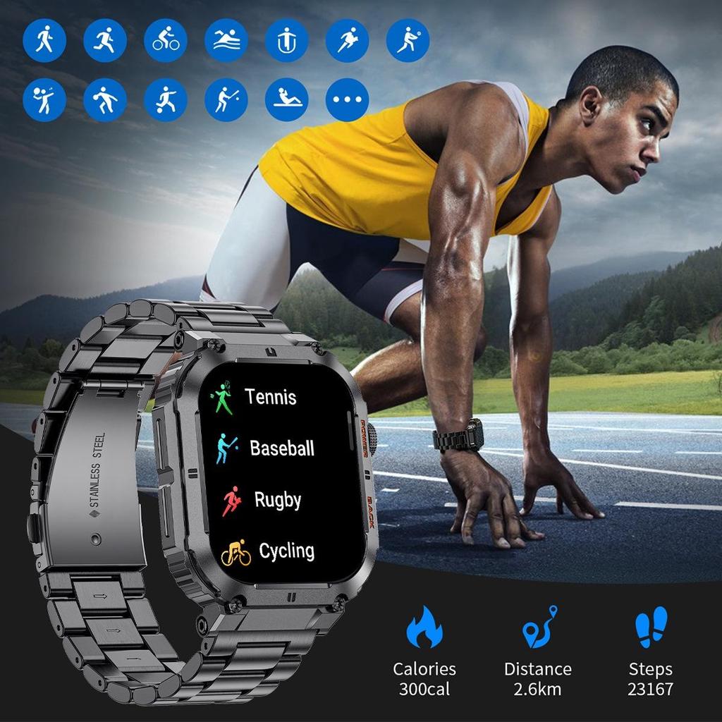New Rugged Military Smart Watch Outdoor Sport Bracelet 1.96'' HD Display Sports Fitness AI Voice Smartwatch