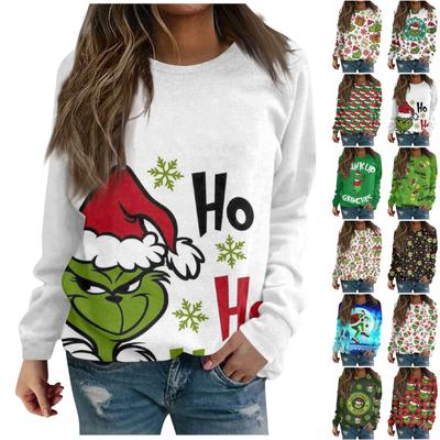 Damen Casual Fashion Weihnachtsdruck Langarm O-Ausschnitt Pullover Top Bluse Sweatshirt