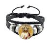 Virgin Mary Baby Jesus Christian Catholicism Jewelry Black Button Leather Bracelet Blessed Mother Religious Glass Cabochon Gift