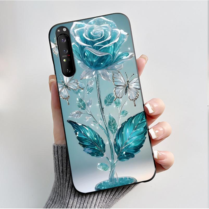 Hülle für Sony Xperia 1 II 1 III Luxus Mode Schmetterling Blume Schwarzes Silikon TPU Weiche Handyhülle für Sony 1II 1III Rückseite