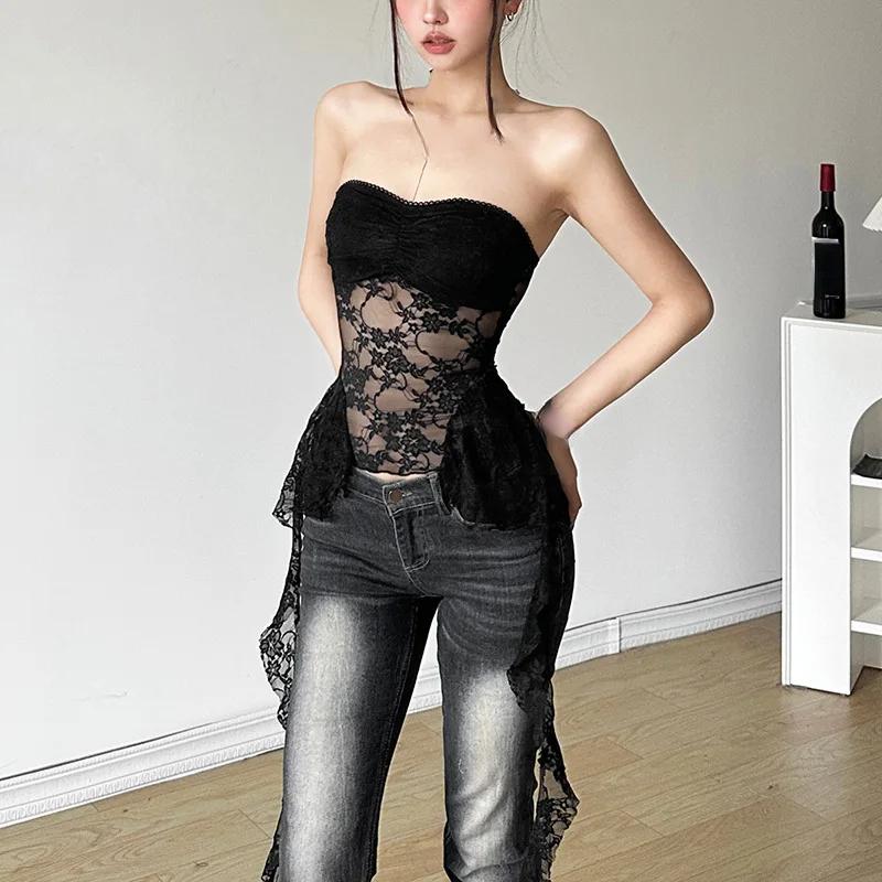 2026 Summer Harajuku Y2k Aesthetic Black Vest Korean Sexy Lace Crop Tops Women Streetwear Backless Grunge Camisoles Corsets Chic