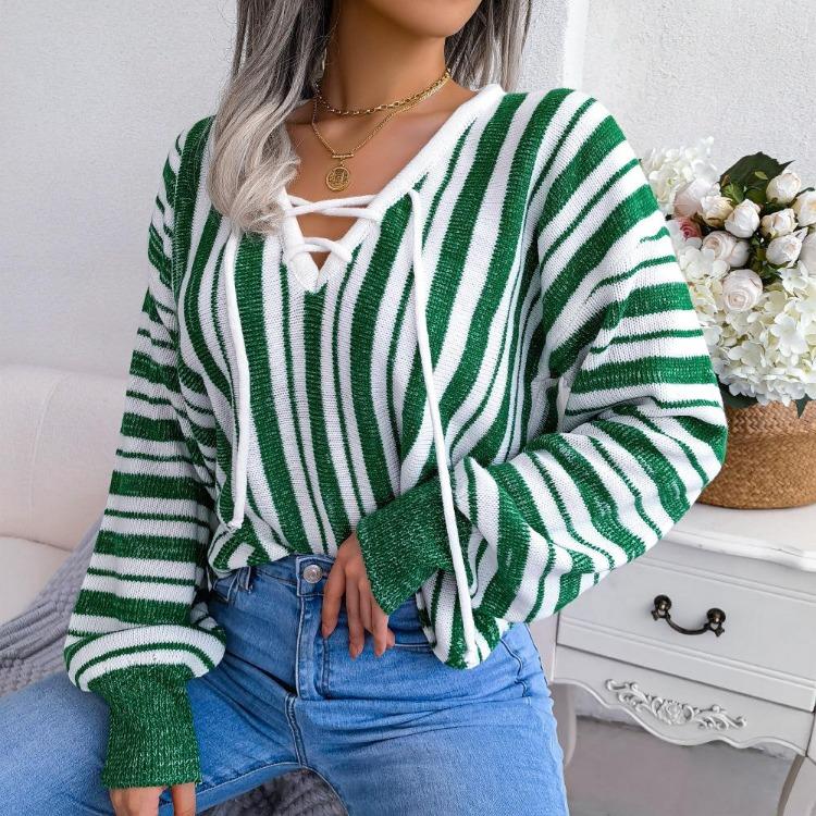 Chic Women's Loose Knitted Sweater with Balloon Sleeve and Contrast Stripe Tie, All Match Tops for Fall Winter