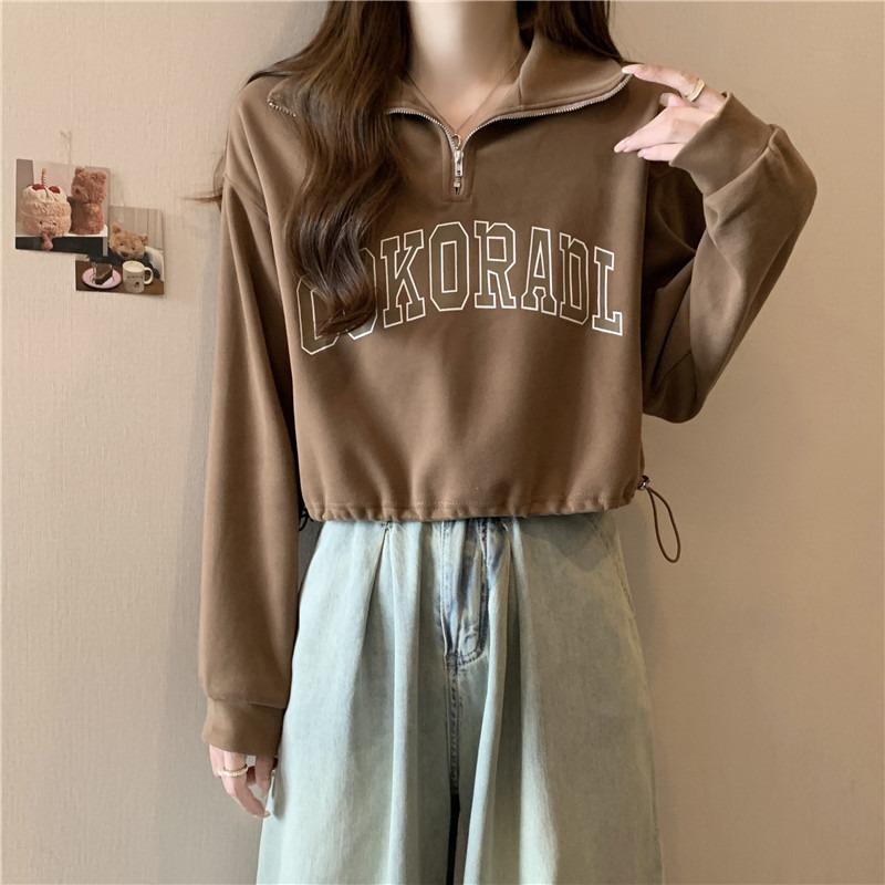 Half zipper PO neck sweater women's thin loose drawstring hem real shot short long sleeves on clothes