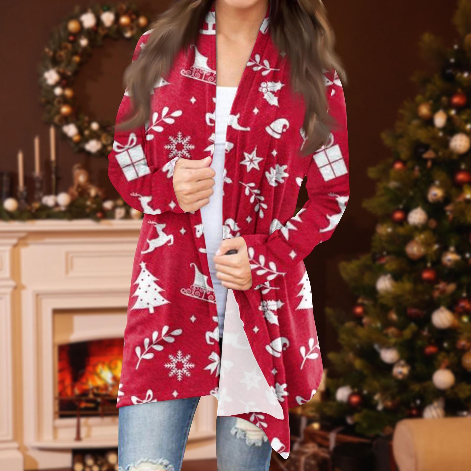 

Женская модная повседневная куртка-кардиган средней длины с рождественским принтом XXXXL красный