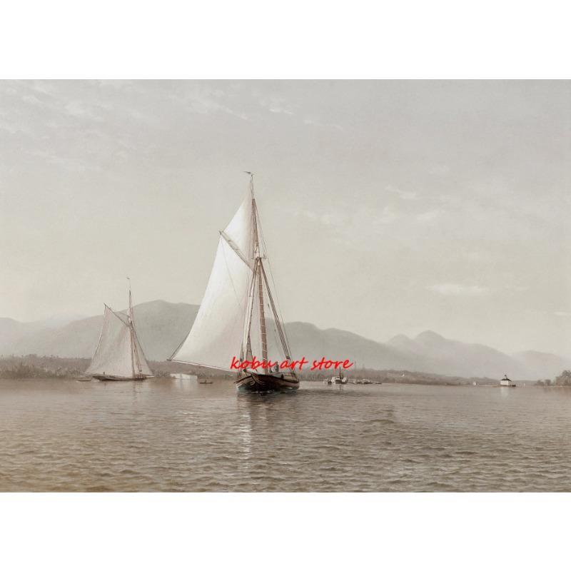 Vintage Neutral Sailboat Print Antique Nautical Sketch Art Poster Coastal Seascape Wall Art Canvas Painting Lake House Decor