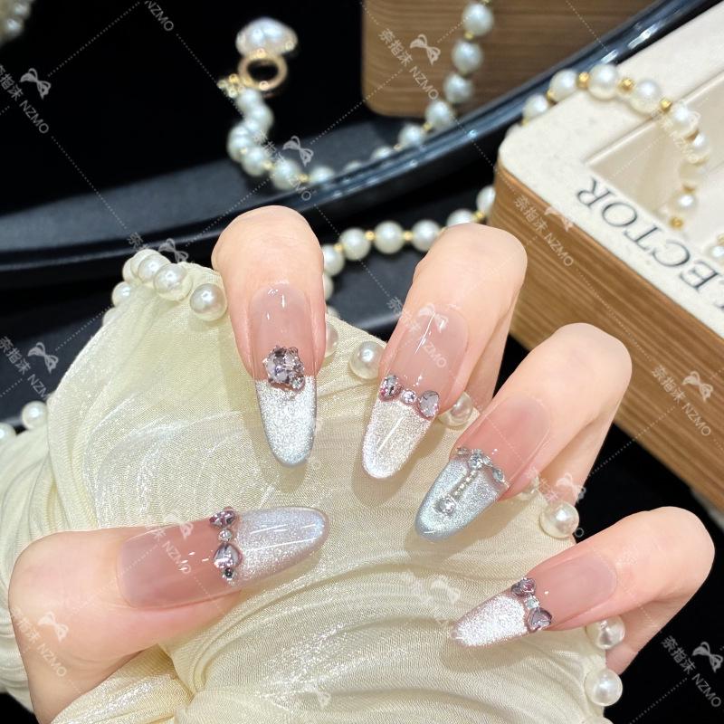 L25 Long Sparkle Cat Eye Luxury Handmade Nails L25-XS (Long Oval)